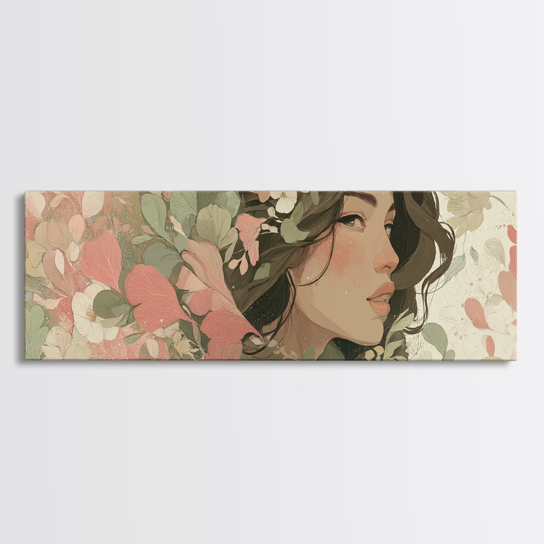 Floral Woman Portrait With Green Leaves Wall Art, Modern Feminine Botanical Decor, Boho Bedroom Decor, Framed Canvas Print