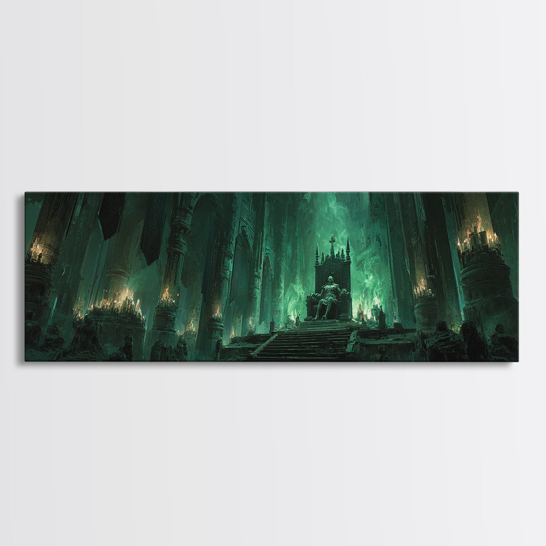 Green Fantasy Gothic Cathedral Throne Room Dark Artwork Wall Art Canvas Print Moody Gothic Home Decor