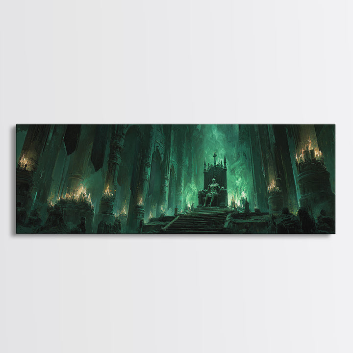 Green Fantasy Gothic Cathedral Throne Room Dark Artwork Wall Art Canvas Print Moody Gothic Home Decor