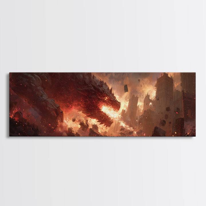 Epic Fiery Dragon Breathing Flames Amidst A Burning City Fantasy Wall Art Canvas Print For Modern Home Decor And Gaming Rooms