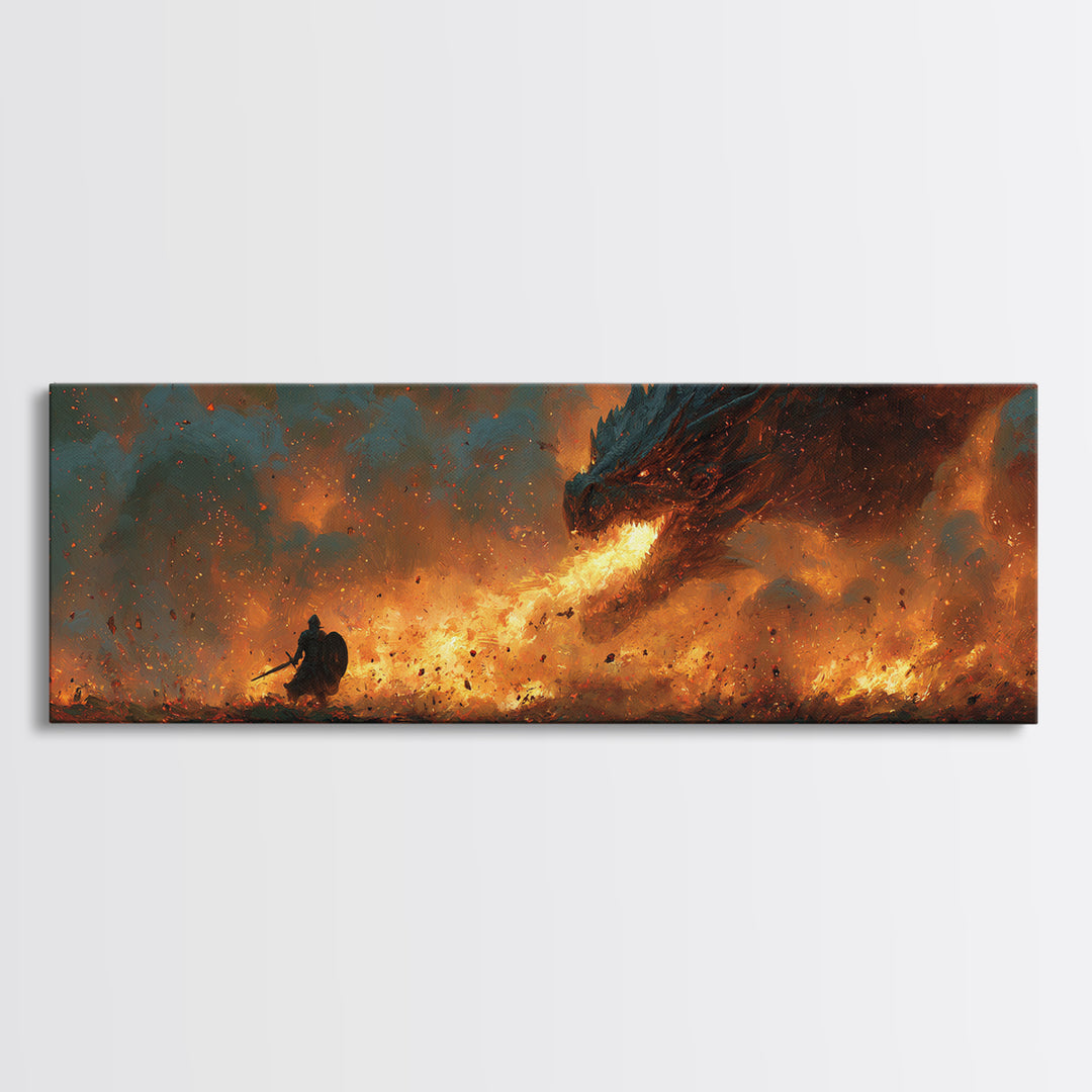 Fiery Viking Warrior Fighting Dragon Epic Fantasy Wall Art Framed Canvas Print For Dramatic Home Decor Gift