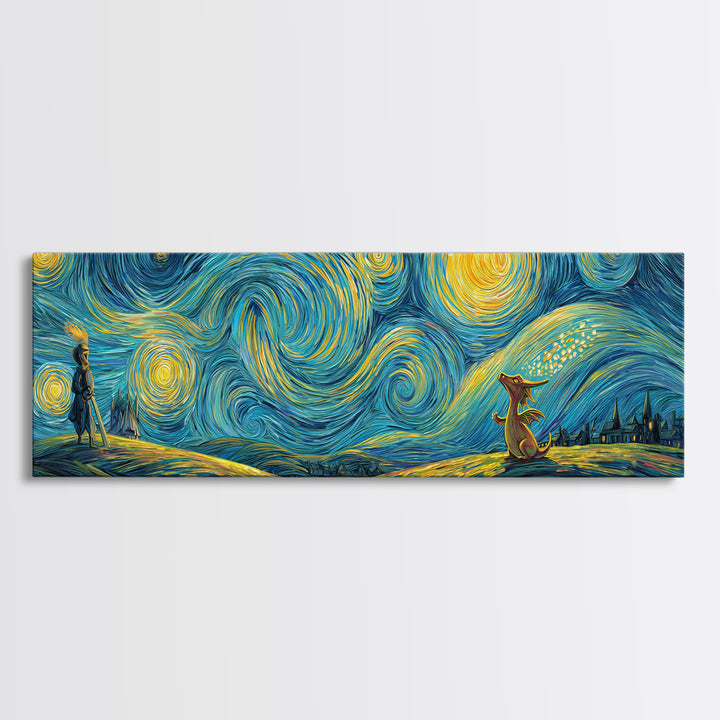 Whimsical Starry Night Inspired Canvas Print With Playful Dragon And Knight In Vibrant Blues And Yellows Unique Wall Art For Kids Room And Fantasy Decor