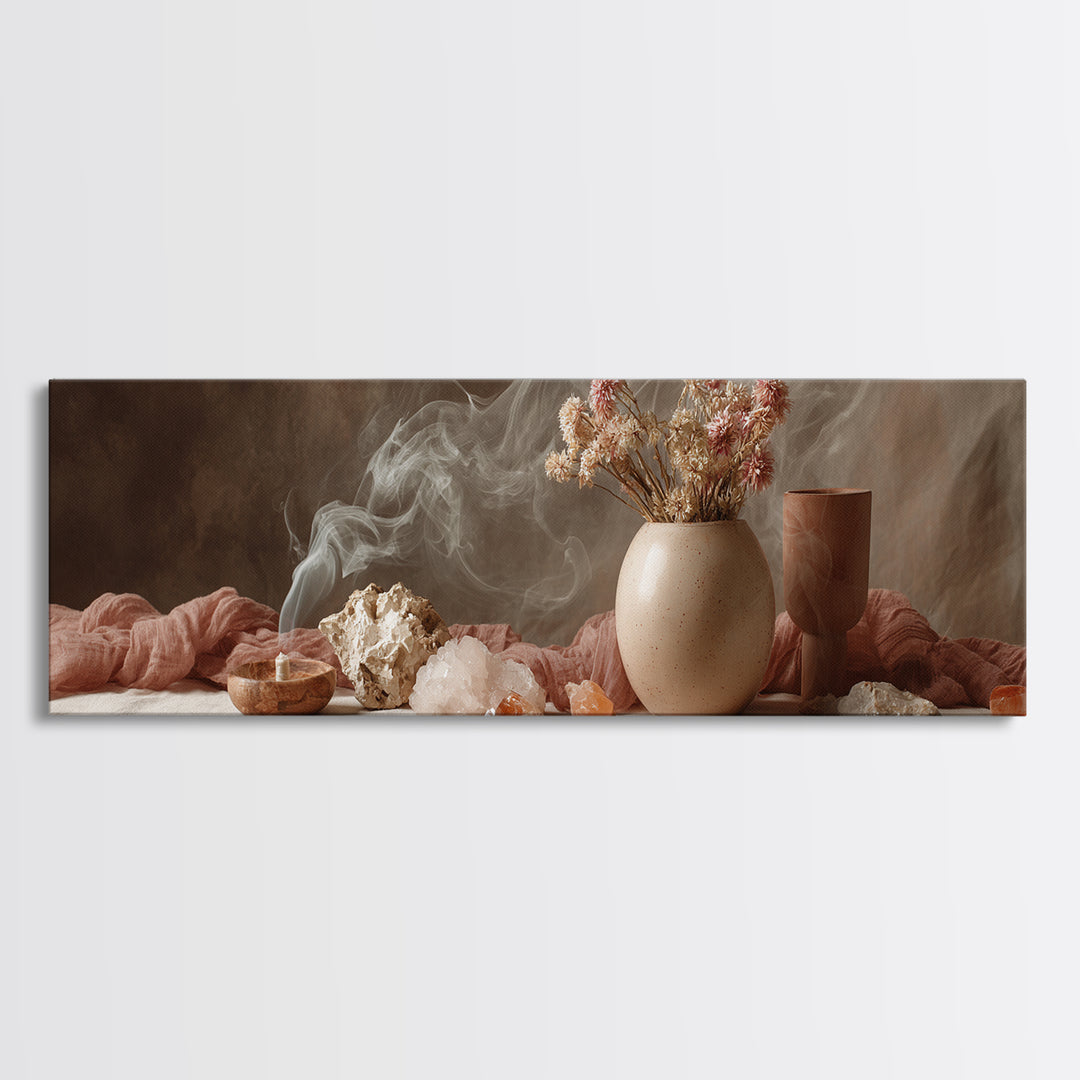 Smoky Crystals And Dried Flowers Framed Canvas Print, Zen Spa Wall Art, Neutral Boho Decor, Meditation Room Gift For Her