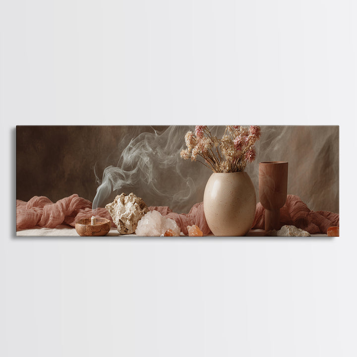 Smoky Crystals And Dried Flowers Framed Canvas Print, Zen Spa Wall Art, Neutral Boho Decor, Meditation Room Gift For Her