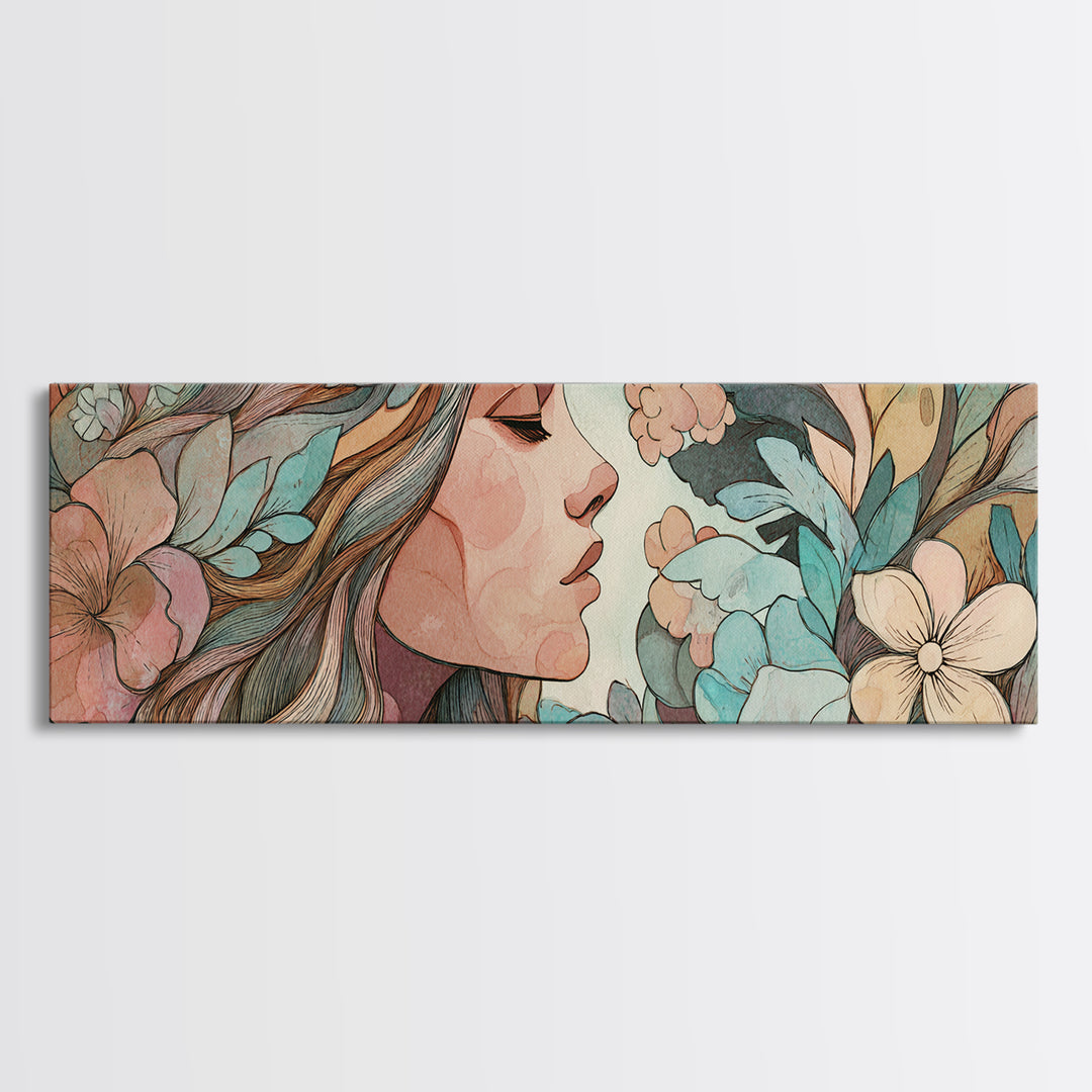 Art Nouveau Woman With Teal Florals Wall Art, Feminine Botanical Canvas Print, Boho Bedroom Decor, Living Room Decor, Gift For Her