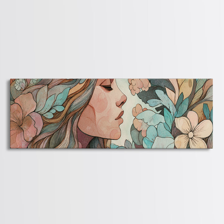 Art Nouveau Woman With Teal Florals Wall Art, Feminine Botanical Canvas Print, Boho Bedroom Decor, Living Room Decor, Gift For Her