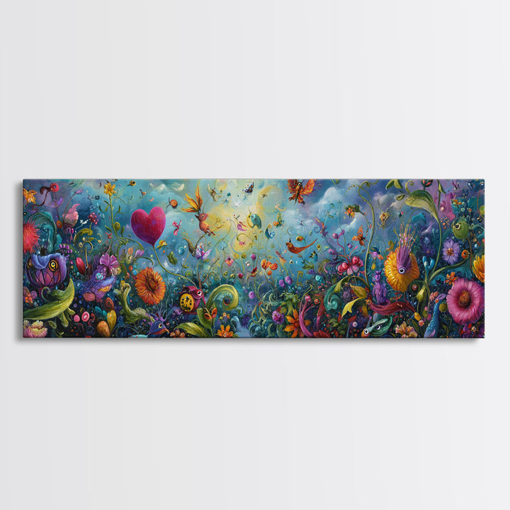 Ethereal Mystical Landscape With Cloud Giant Looming Over Young Boy Wall Art Framed Canvas Print For Inspirational Decor