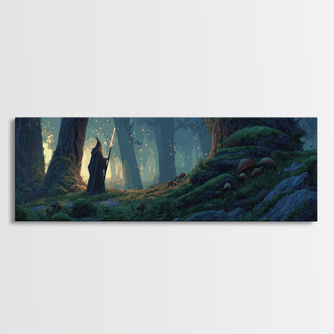 Epic Mountain Landscape With Wizard Wand Fantasy Wall Art Canvas Print Dramatic Home Decor Large Original Painting