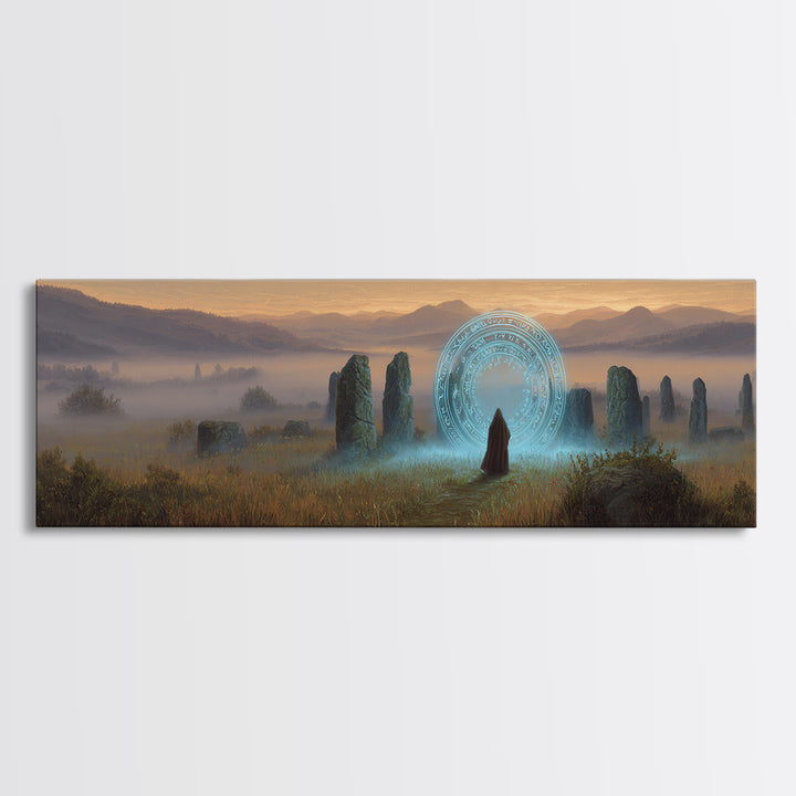 Mystical Wizard Standing Before Ancient Stone Circle With Glowing Magic Portal Fantasy Canvas Print Wall Art