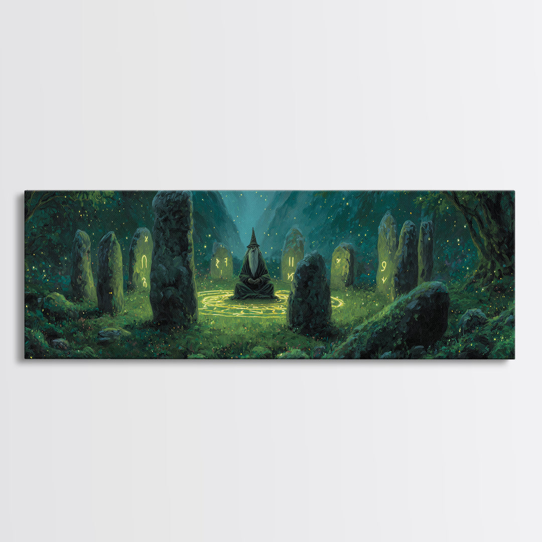 Fantasy Magician Meditating Among Ancient Stones Spellcasting Abstract Wall Art Canvas Print For Magical Decor