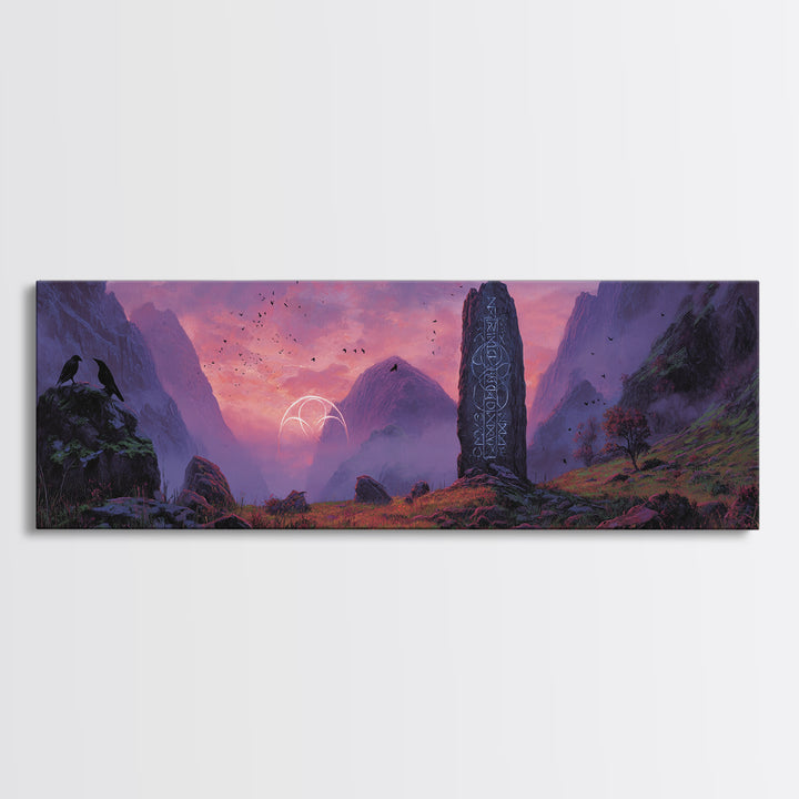 Mystical Landscape With Runes Stone Monolith And Magical Symbols At Dusk Fantasy Art Large Wall Art Canvas Print