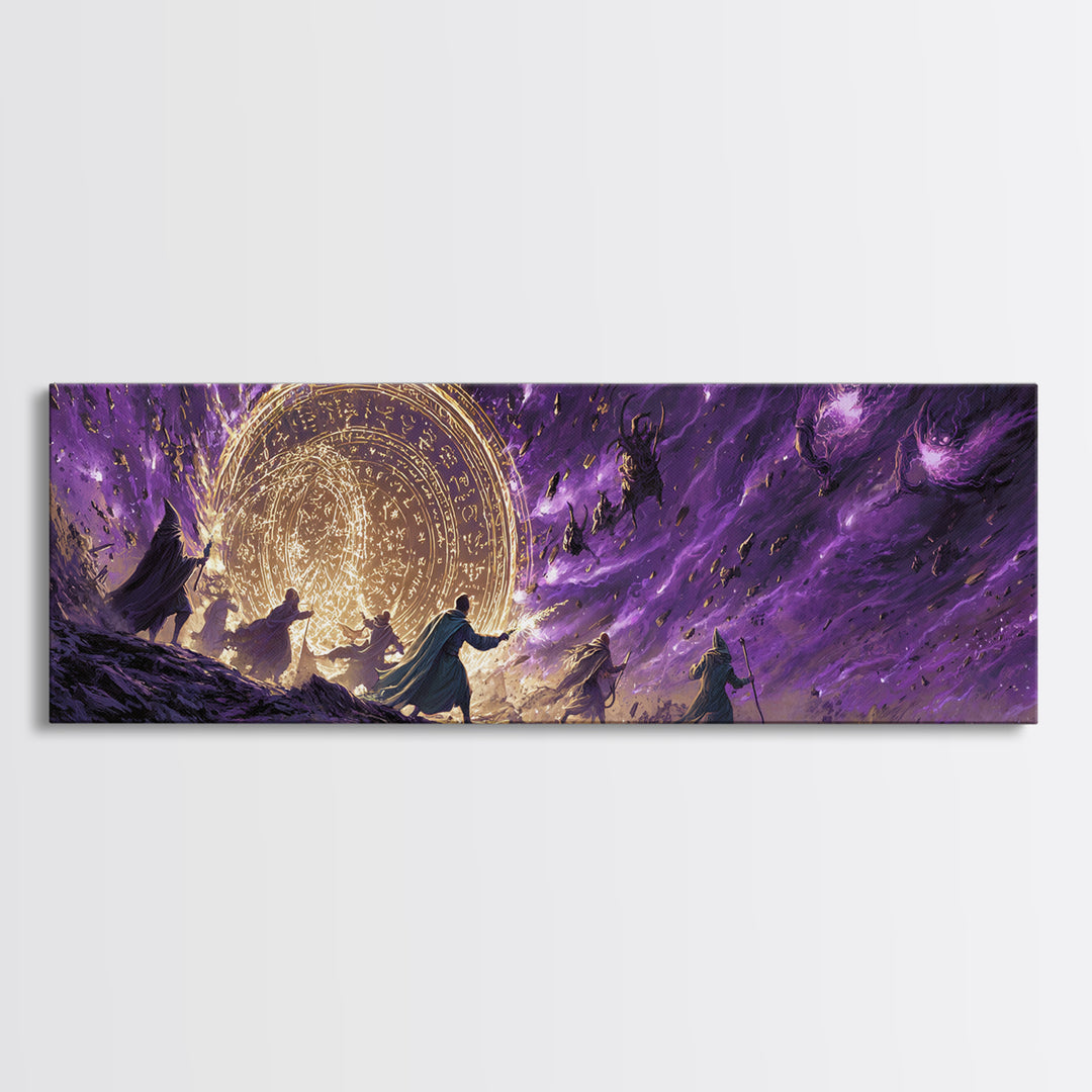 Epic Fantasy Battle Scene With Mages Creating Magical Barrier Against Creatures Wall Art Canvas Print