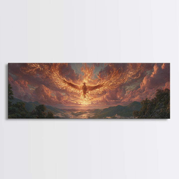 Majestic Phoenix Rising Over Scenic Valley Dramatic Sunset Landscape Canvas Print Modern Wall Art