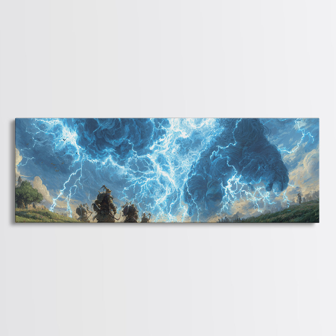 Epic Fantasy Battle Art Depicting Warriors Facing Giant Made Of Stormy Clouds Canvas Print