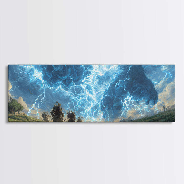 Epic Fantasy Battle Art Depicting Warriors Facing Giant Made Of Stormy Clouds Canvas Print