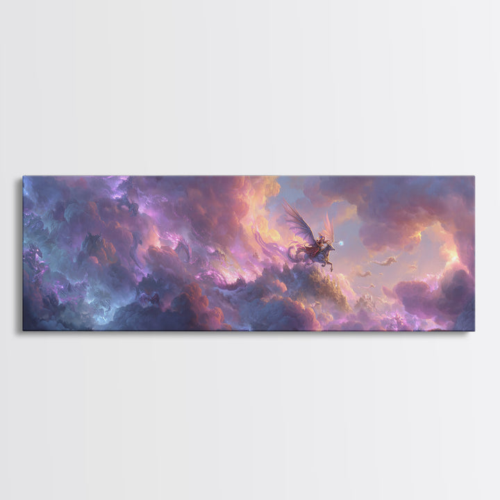 Epic Fantasy Sky Battle With Winged Warrior Dragons And Light Magic Canvas Print Large Wall Art For Fantasy Decor