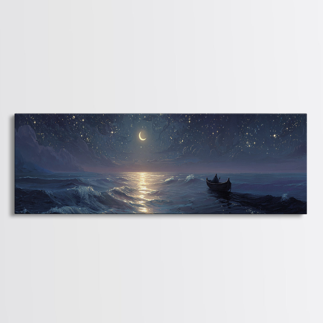 Serene Night Ocean Scene With Boat And Crescent Moon Under Starry Sky Wall Art Modern Coastal Decor Canvas Print