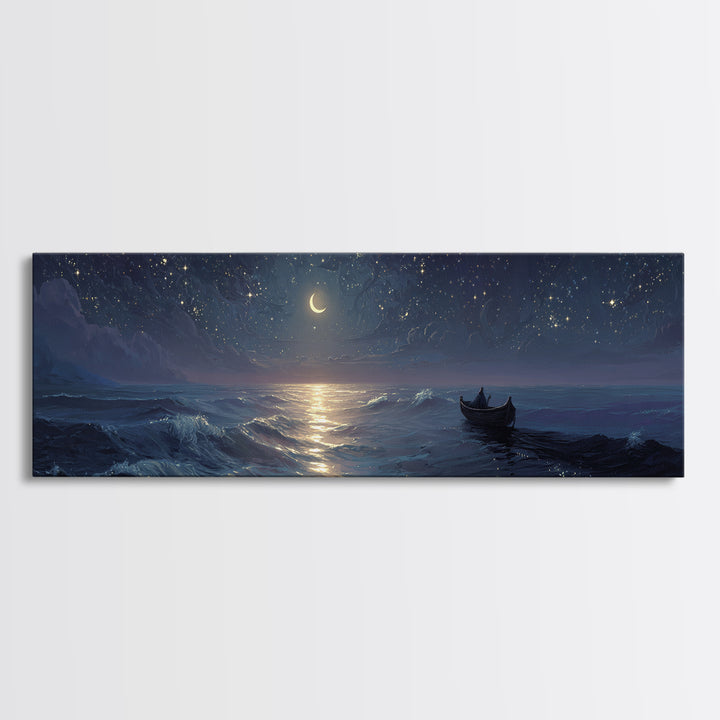 Serene Night Ocean Scene With Boat And Crescent Moon Under Starry Sky Wall Art Modern Coastal Decor Canvas Print