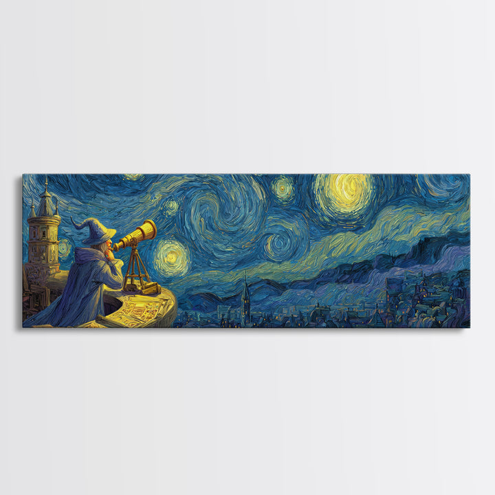 Starry Night Sky Over Town With Wizard And Telescope Classic Van Gogh Style Wall Art Framed Canvas Print