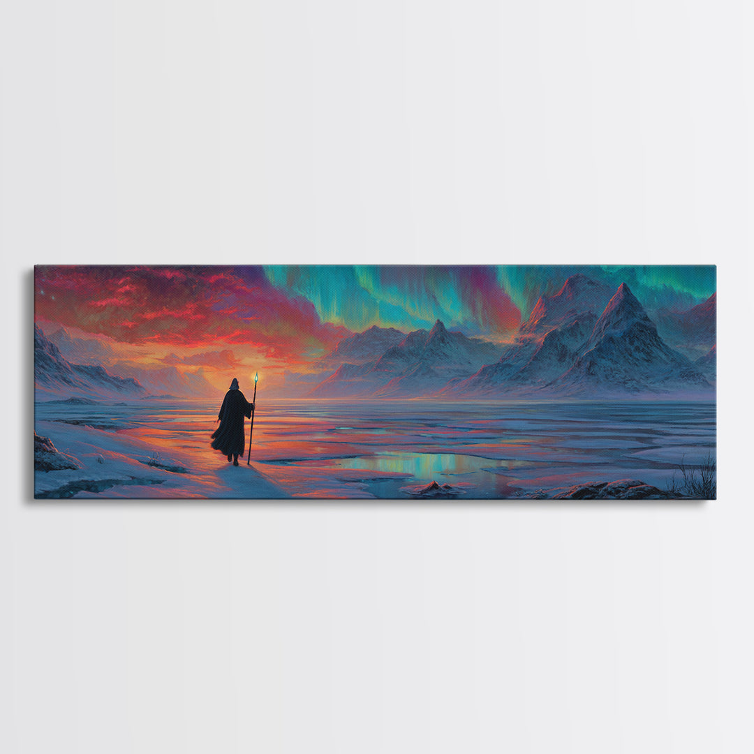 Wanderer Under Northern Lights Canvas Print, Aurora Borealis Wall Art, Arctic Mountain Landscape, Celestial Fantasy Decor