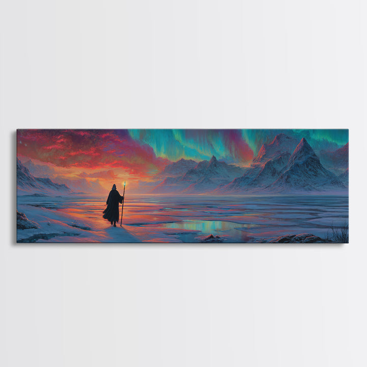 Wanderer Under Northern Lights Canvas Print, Aurora Borealis Wall Art, Arctic Mountain Landscape, Celestial Fantasy Decor