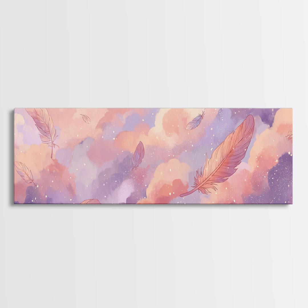 Pastel Dream Clouds And Floating Feathers Canvas Print, Whimsical Wall Art, Celestial Nursery Decor, Soft Pink Bedroom Art