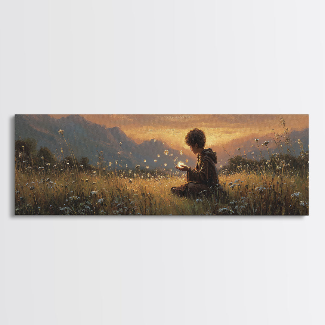 Young Boy In Field Holding Glowing Magical Lights Surrounded By Wildflowers Wall Art Canvas Print