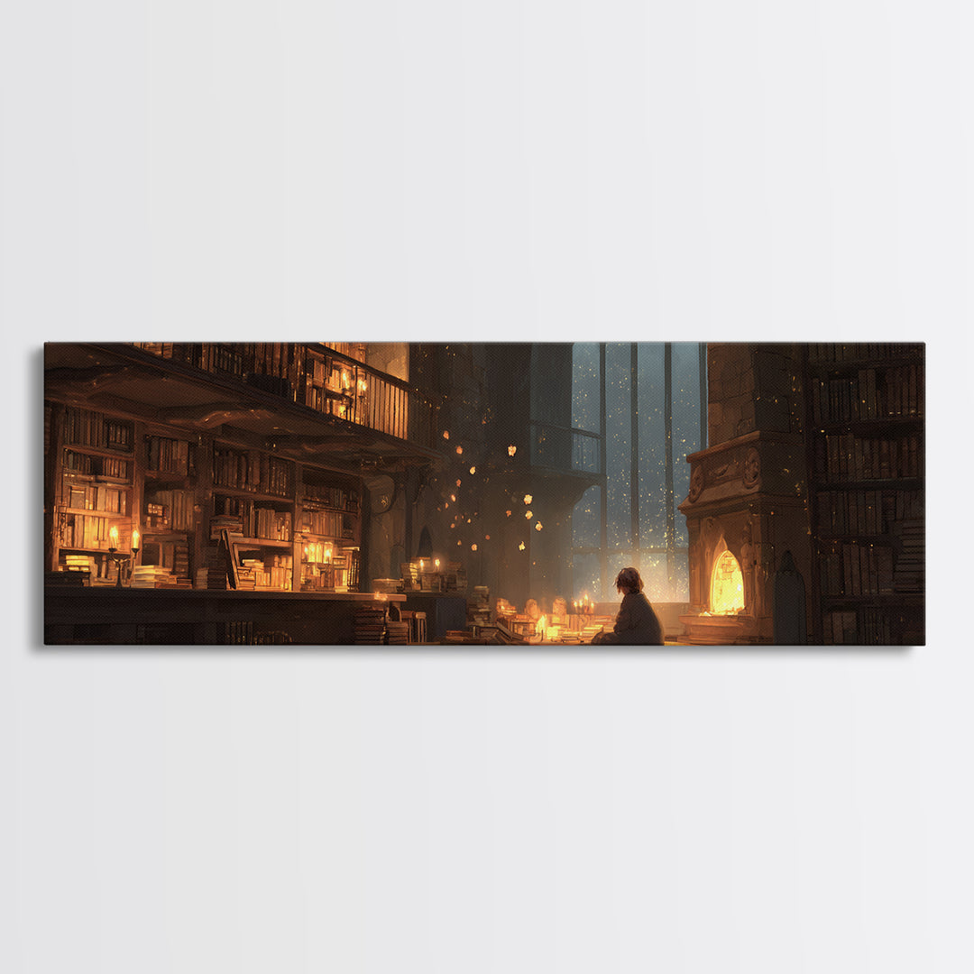 Warm Cozy Library Scene With Child Reading By Fireplace - Charming Home Decor Wall Art Framed Canvas Print For Study Rooms