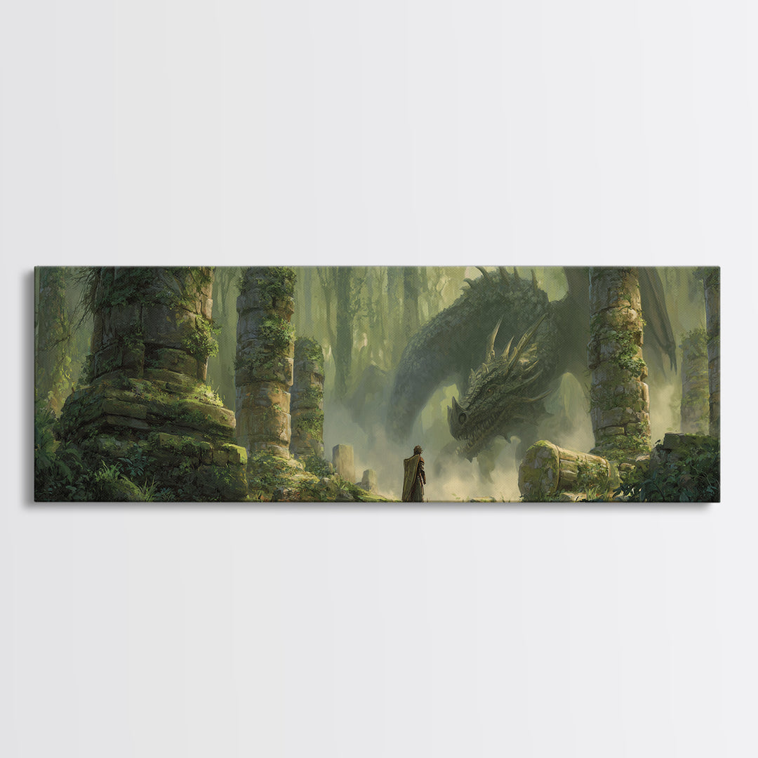 Ancient Forest With Massive Dragon Resting Amidst Ruins - Fantasy Wall Art Framed Canvas Print For Magical And Whimsical Decor