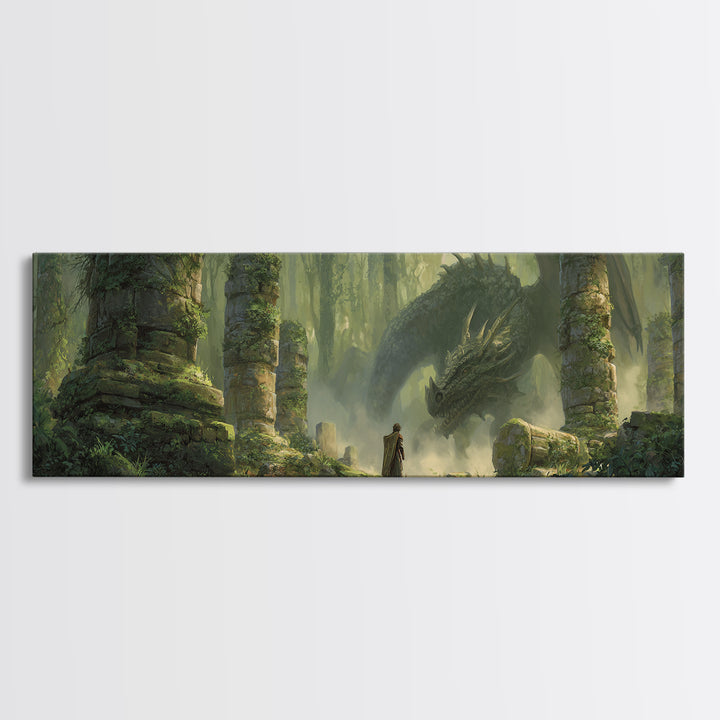 Ancient Forest With Massive Dragon Resting Amidst Ruins - Fantasy Wall Art Framed Canvas Print For Magical And Whimsical Decor