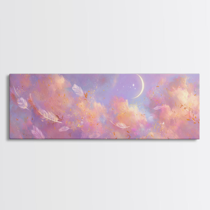 Crescent Moon Feathers In Lavender Sky Wall Art, Celestial Canvas Print, Whimsical Decor, Calming Bedroom Art, Gift For Her