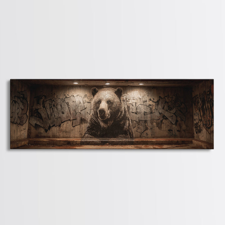 Large Bear Mural On Urban Graffiti Wall In Dimly Lit Space Framed Canvas Print For Statement Wall Art