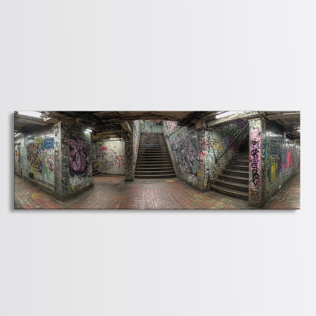 Grungy Spacious Subway Staircase Graffiti Urban Loft Wall Art - Framed Canvas Print, Modern Wall Art, Urban Decor, Trending Wall Art Gift