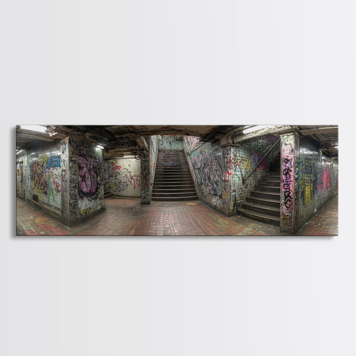Grungy Spacious Subway Staircase Graffiti Urban Loft Wall Art - Framed Canvas Print, Modern Wall Art, Urban Decor, Trending Wall Art Gift