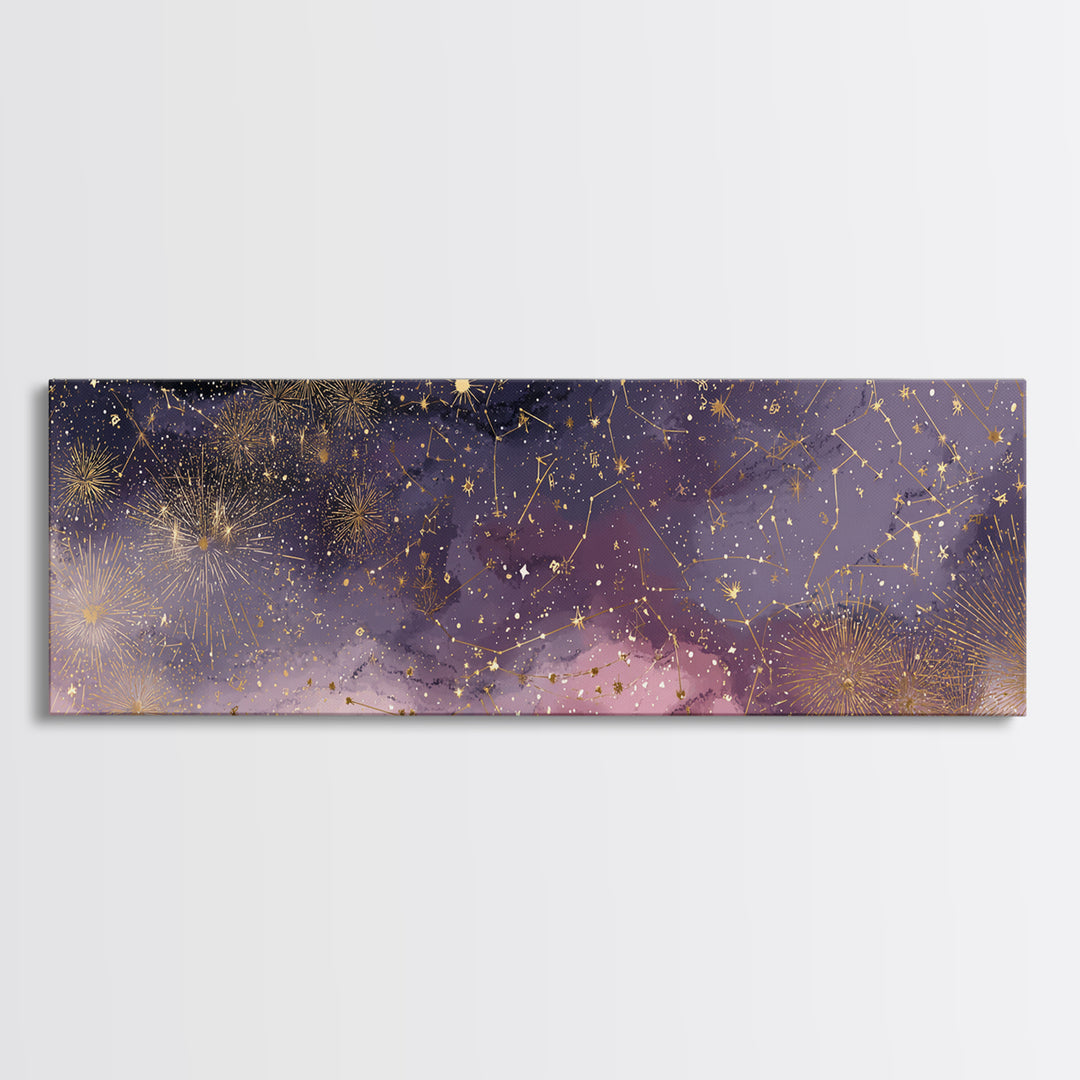 Golden Stars And Constellations In Moody Night Sky Wall Art, Celestial Canvas Print, Dark Academia Decor, Mystical Bedroom Art