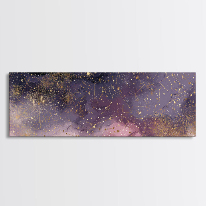 Golden Stars And Constellations In Moody Night Sky Wall Art, Celestial Canvas Print, Dark Academia Decor, Mystical Bedroom Art