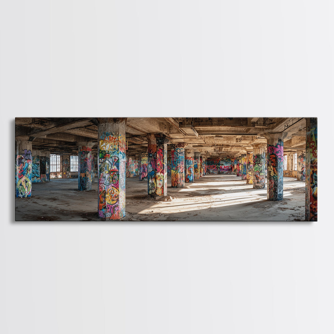 Rustic Urban Abandoned Building Interior With Graffiti Artwork Wall Art Canvas Print Large Industrial Style Decor For Funky Apartment Or Loft Wall