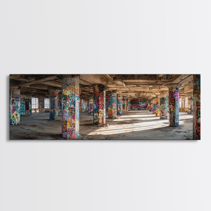 Rustic Urban Abandoned Building Interior With Graffiti Artwork Wall Art Canvas Print Large Industrial Style Decor For Funky Apartment Or Loft Wall