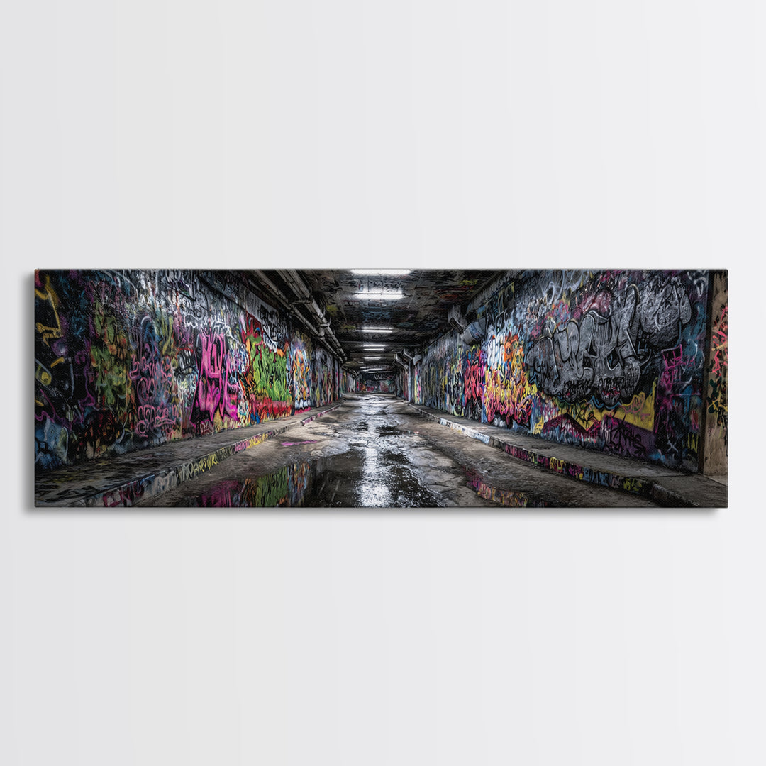 Graffiti Covered Underground Tunnel Wall Art, Urban Street Art Print, Modern Industrial Decor, Colorful Cityscape Canvas