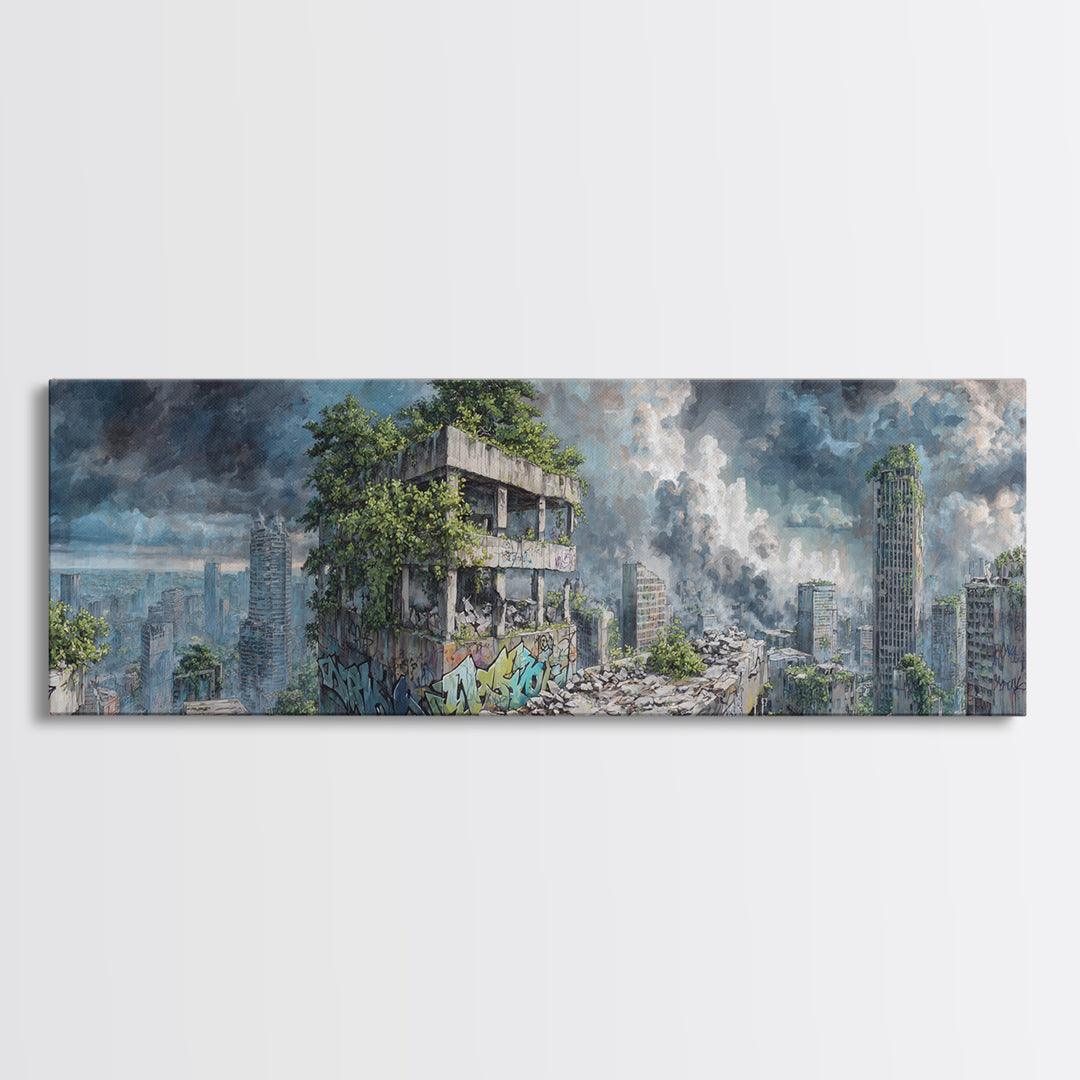 Overgrown Ruined City Under Storm Clouds Canvas Print, Post Apocalyptic Wall Art, Futuristic Urban Landscape, Sci Fi Decor