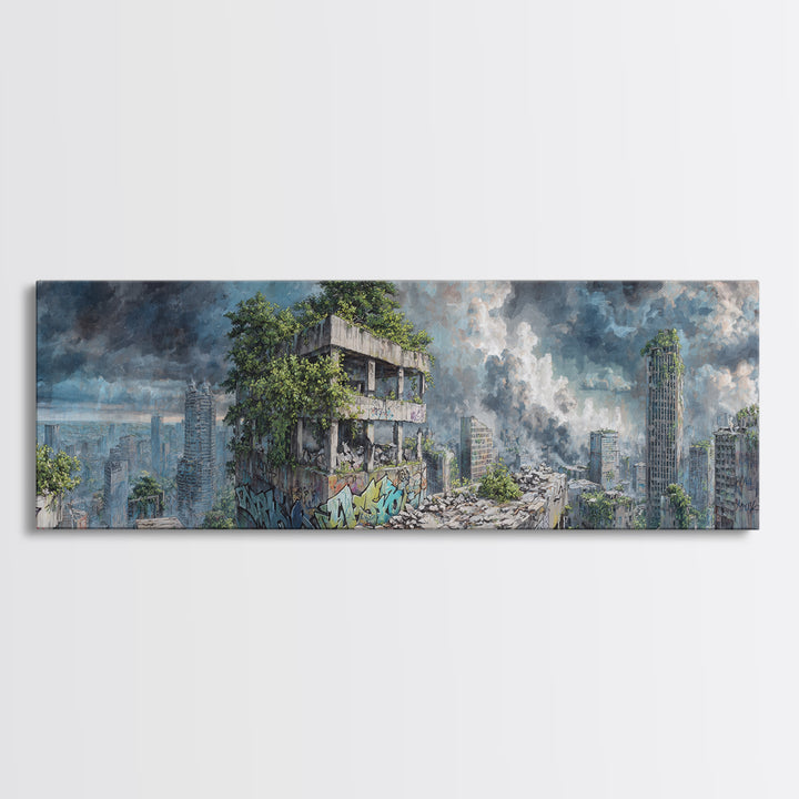 Overgrown Ruined City Under Storm Clouds Canvas Print, Post Apocalyptic Wall Art, Futuristic Urban Landscape, Sci Fi Decor