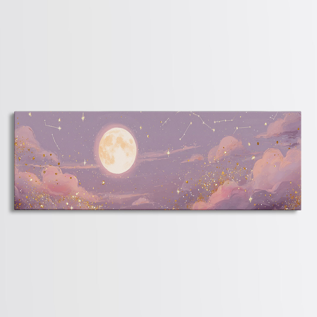 Full Moon Over Pink Clouds And Starry Sky Canvas Print, Celestial Wall Art, Moon Phase Decor, Dreamy Nursery Room Wall Decor