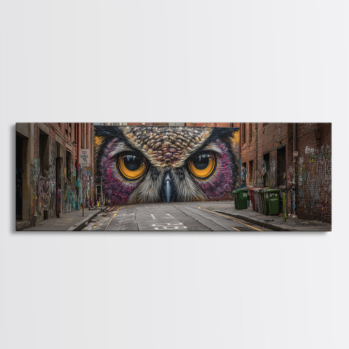 Hyperrealistic Street Mural of Intense Owl Eyes Graffiti Urban Wall Art Framed Canvas Print Bold Contemporary Art for Living Room Decor