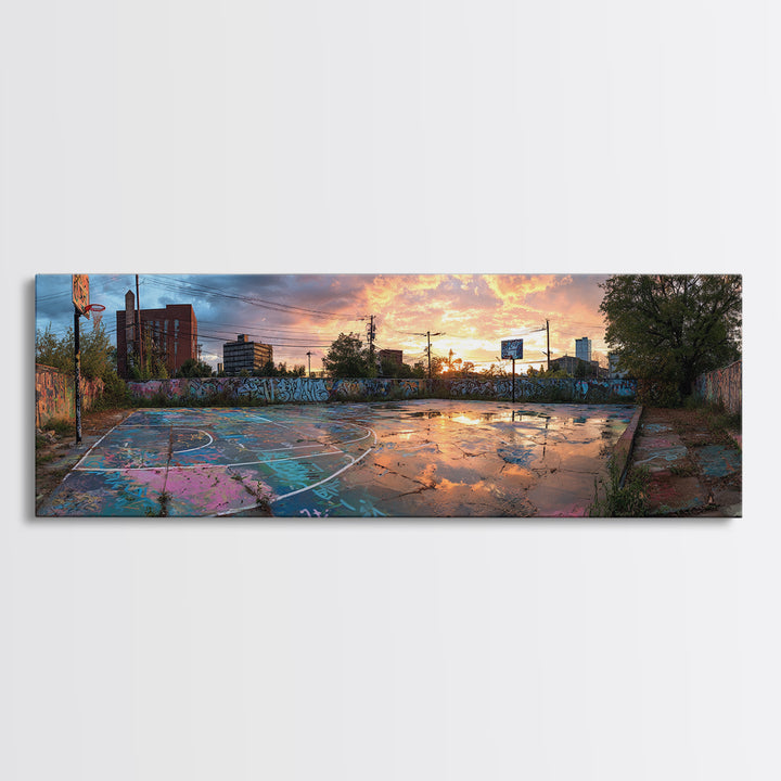 Graffiti Covered Abandoned Outdoor Basketball Court At Sunset, Urban Street Art Wall Decor Canvas Print For Modern Living Room And Wall Art