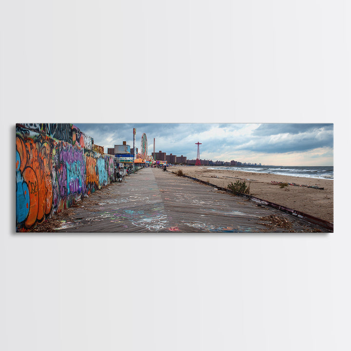 Urban Graffiti Beach Boardwalk Vibrant Street Art Wall Art Coastal Living Room Decor Ocean Scene Canvas Print