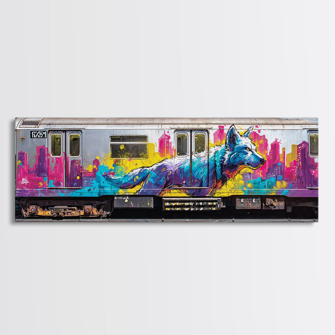Vibrant Urban Wolf Graffiti Street Art With Cityscape Backdrop Original Wall Art Canvas Print For Modern Home Decor