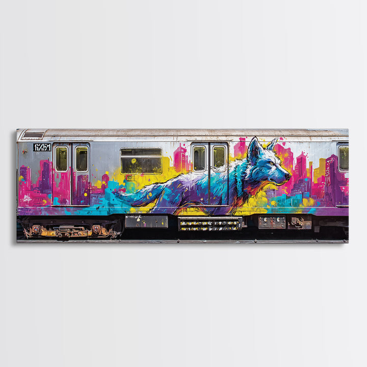 Vibrant Urban Wolf Graffiti Street Art With Cityscape Backdrop Original Wall Art Canvas Print For Modern Home Decor