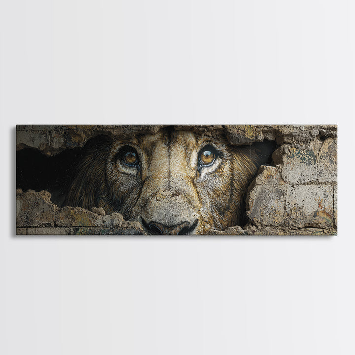 Powerful Lion Peering Through Broken Wall Street Art Canvas Print Bold Wildlife Wall Art For Home Decor And Office Wall Hanging