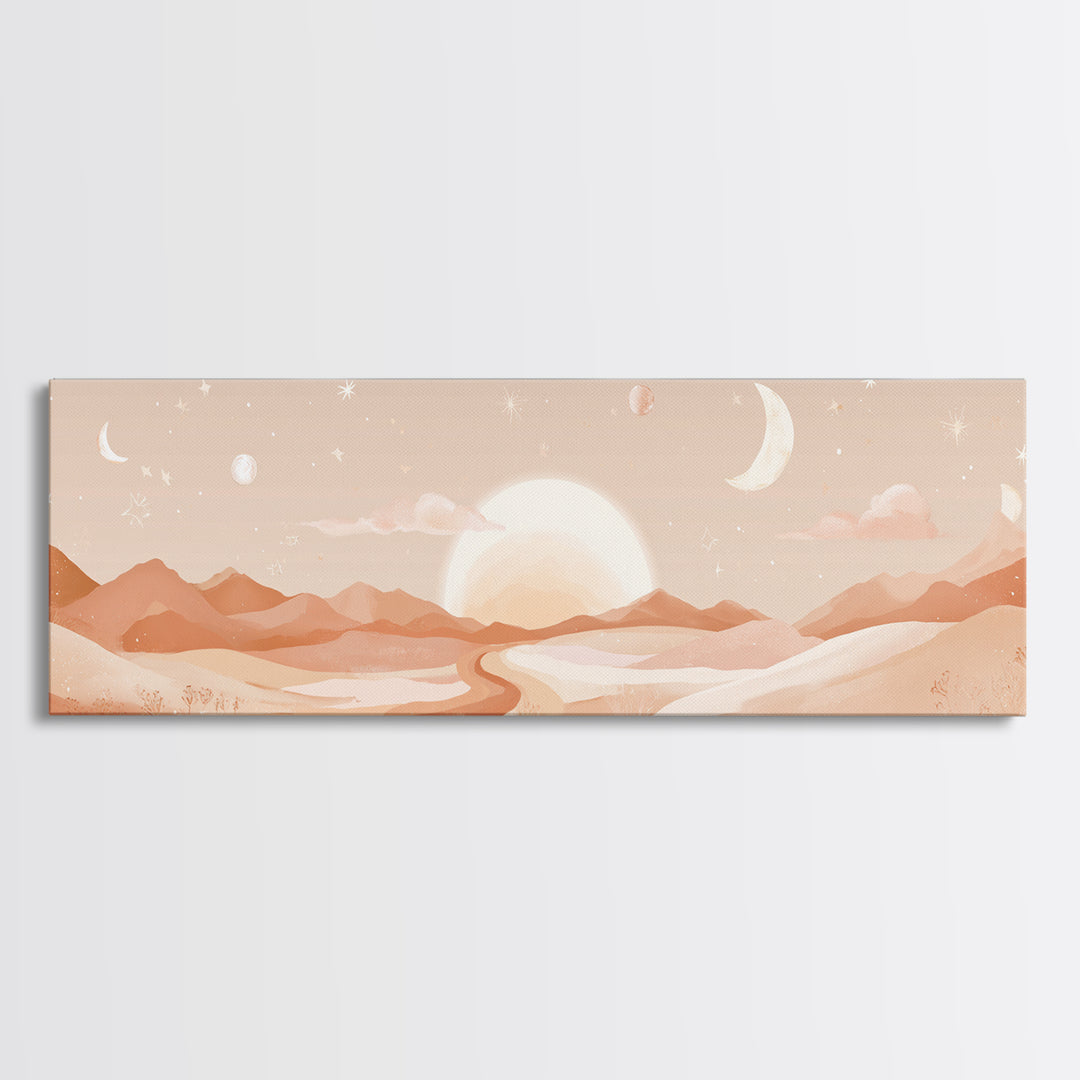 Desert Sunrise With Moon Phases And Terracotta Hills Wall Art, Boho Canvas Print, Southwestern Earth Tone Decor, Nursery Wall Art