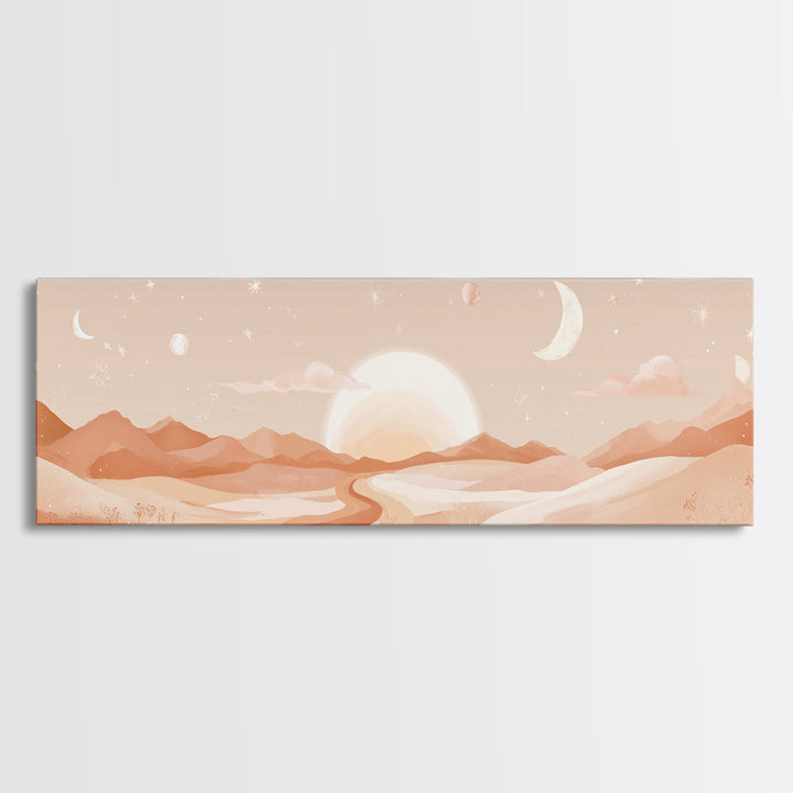 Desert Sunrise With Moon Phases And Terracotta Hills Wall Art, Boho Canvas Print, Southwestern Earth Tone Decor, Nursery Wall Art